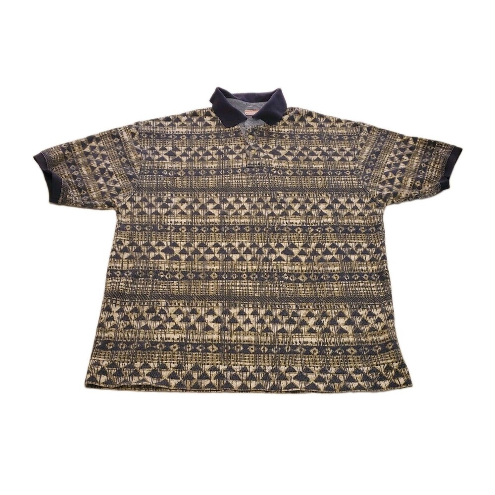 Vintage Bugle Boy Aztec Geometric Striped Navy Tan Polo Shirt Mens Sz Large Golf